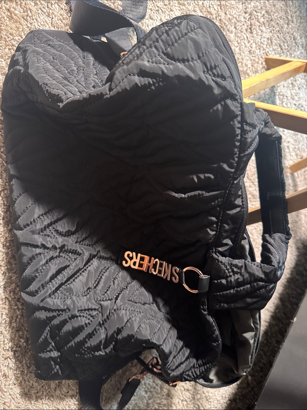 Skechers Black Quilted Shoulder Tote with Rose Gold Accent